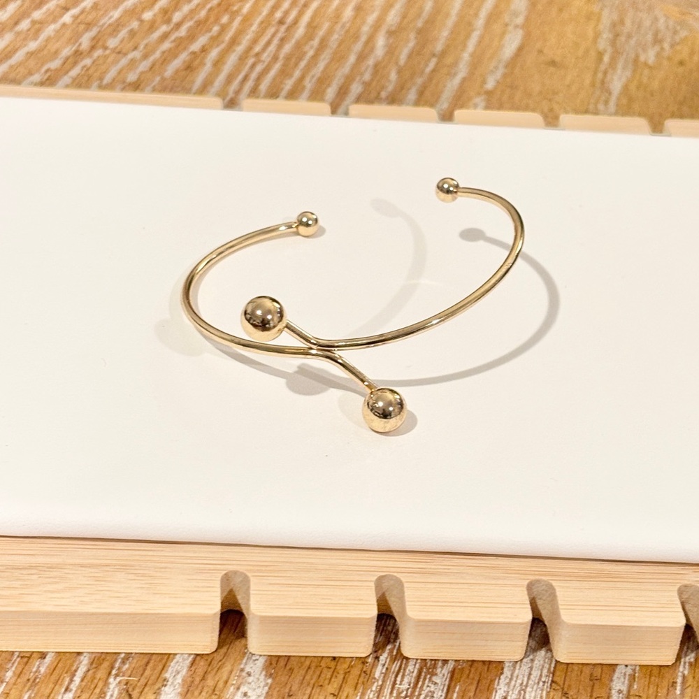 Gold Tone Open Cuff Bracelet Minimalist Ball Design Adjustable Modern Stackable